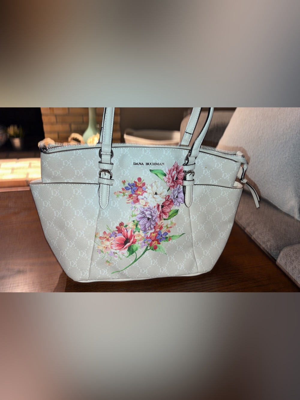 Dana Buchman White Faux-Leather Floral Tote